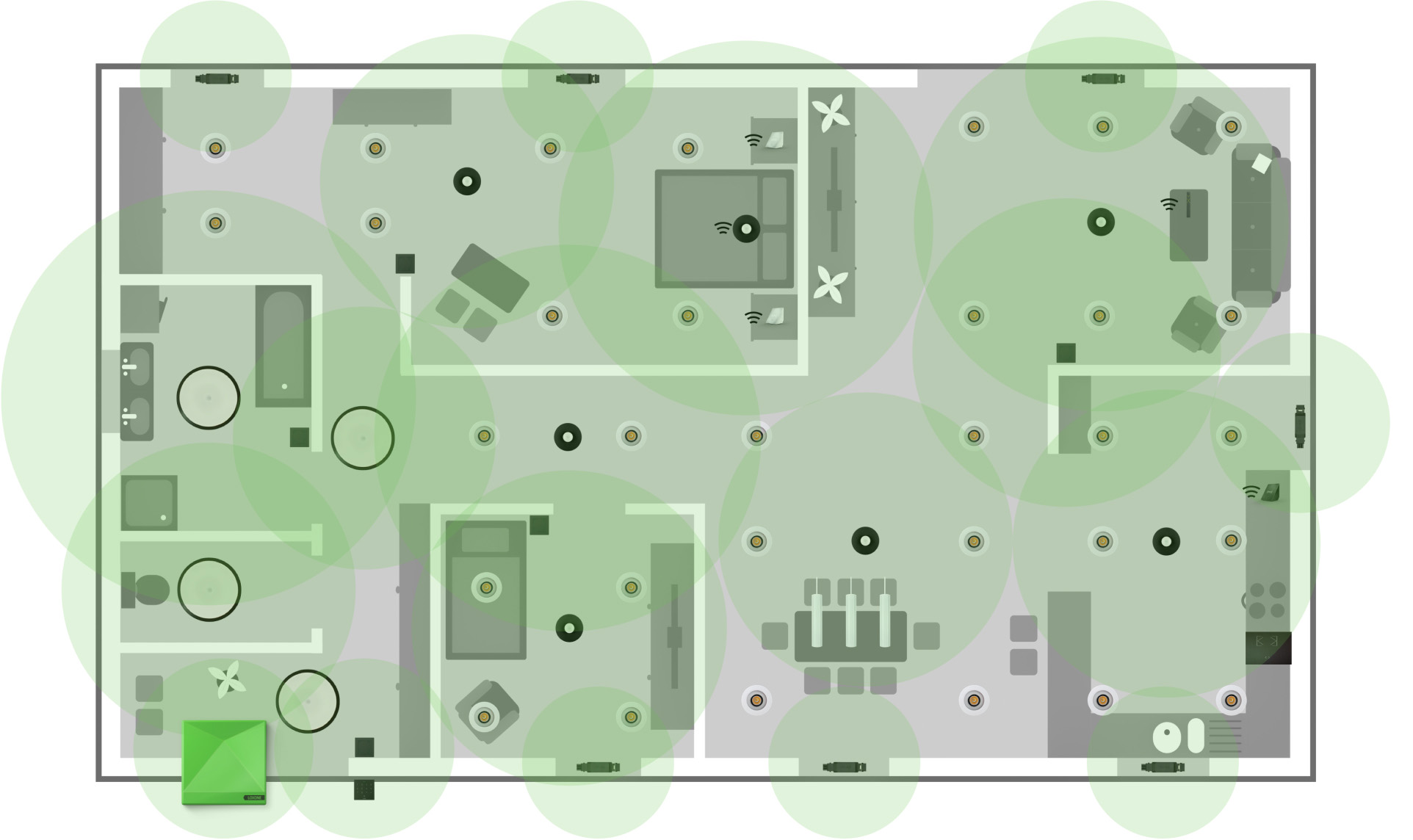 A floor plan of an apartment with Loxone Air mesh technology that connects the residential building automation system without wiring