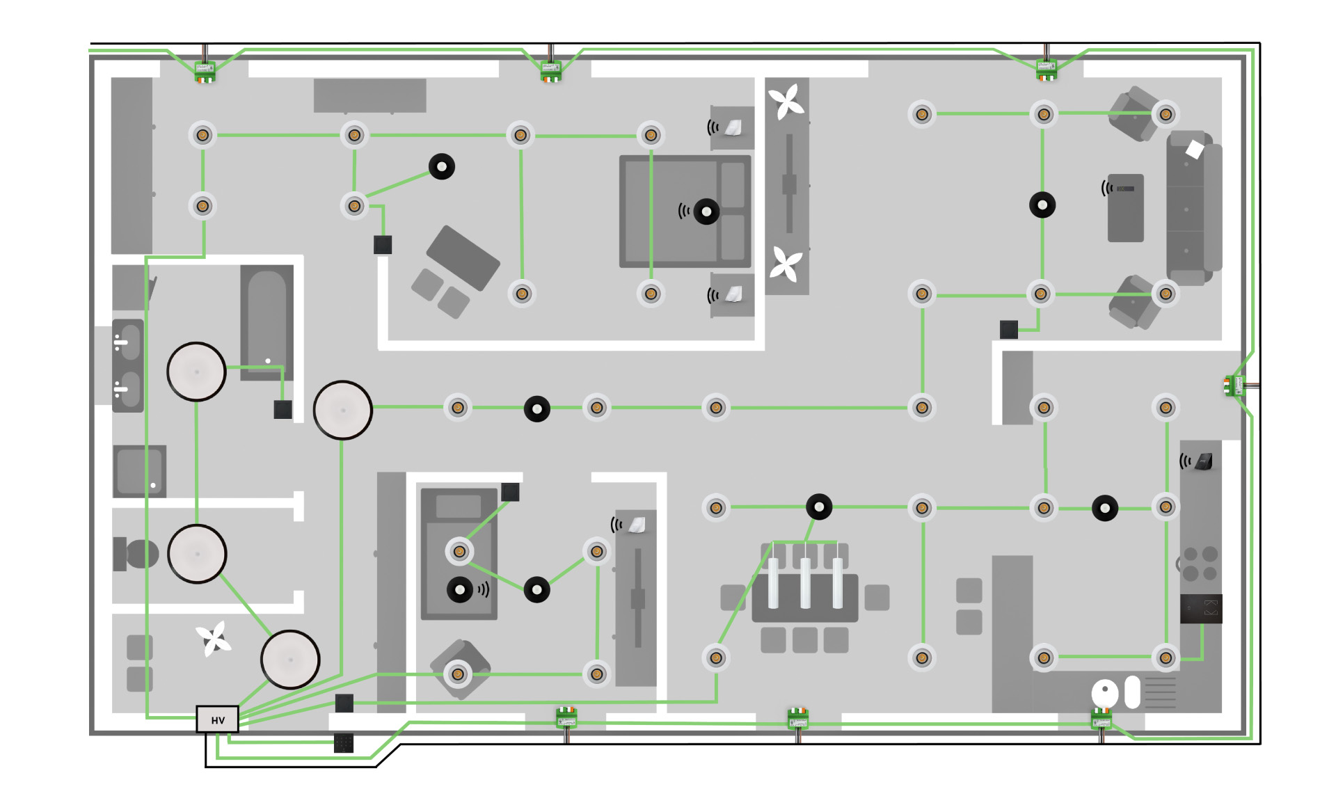 A floor plan of an apartment with Loxone Tree wiring that connects a multitude of smart MDU solutions with free-form topology
