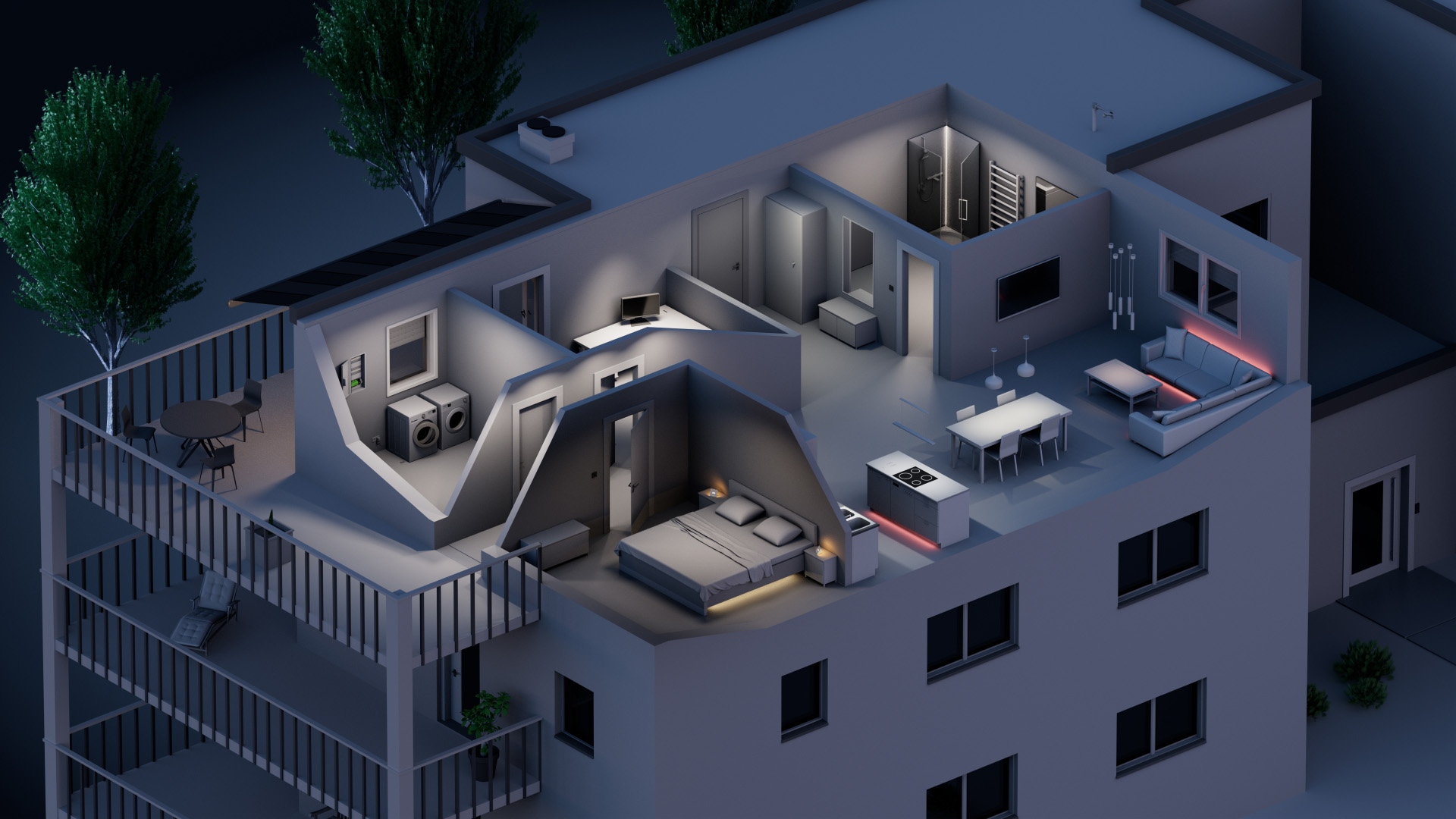 Different lighting moods and other smart MDU solutions depicted within an apartment
