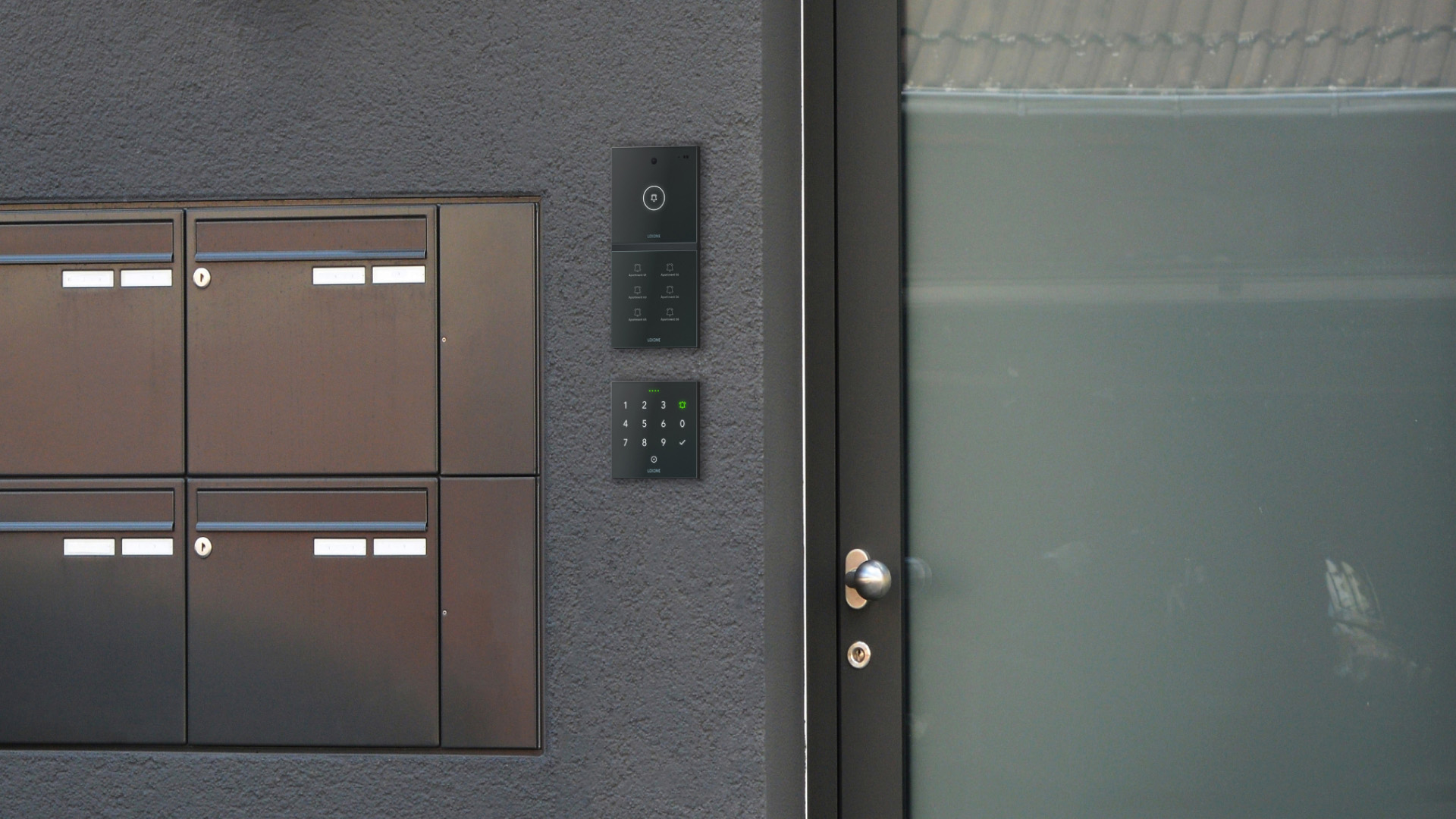 The Loxone Intercom and NFC Code Touch next to the front door of an MDU