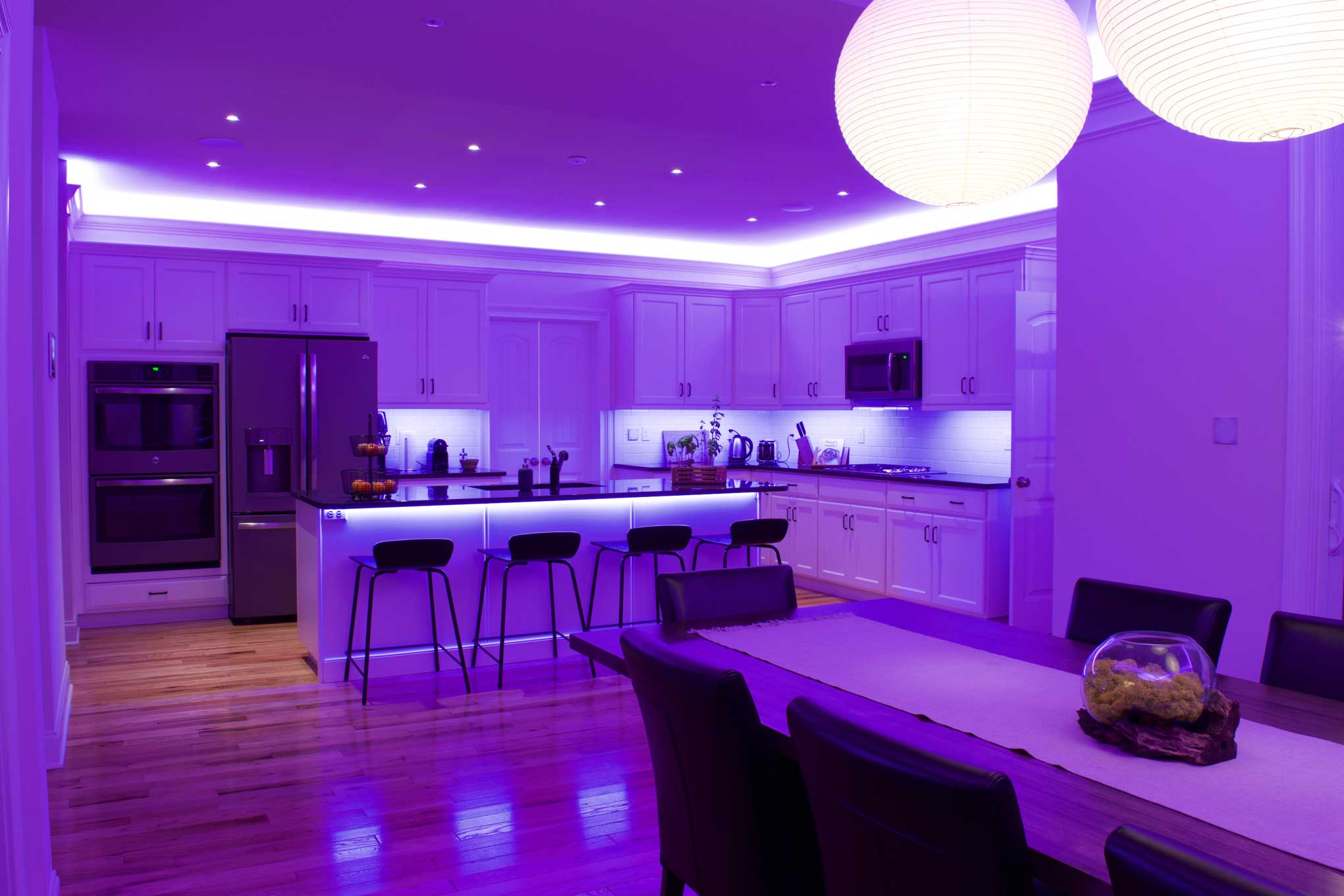 Kitchen with colorful LED lighting mood