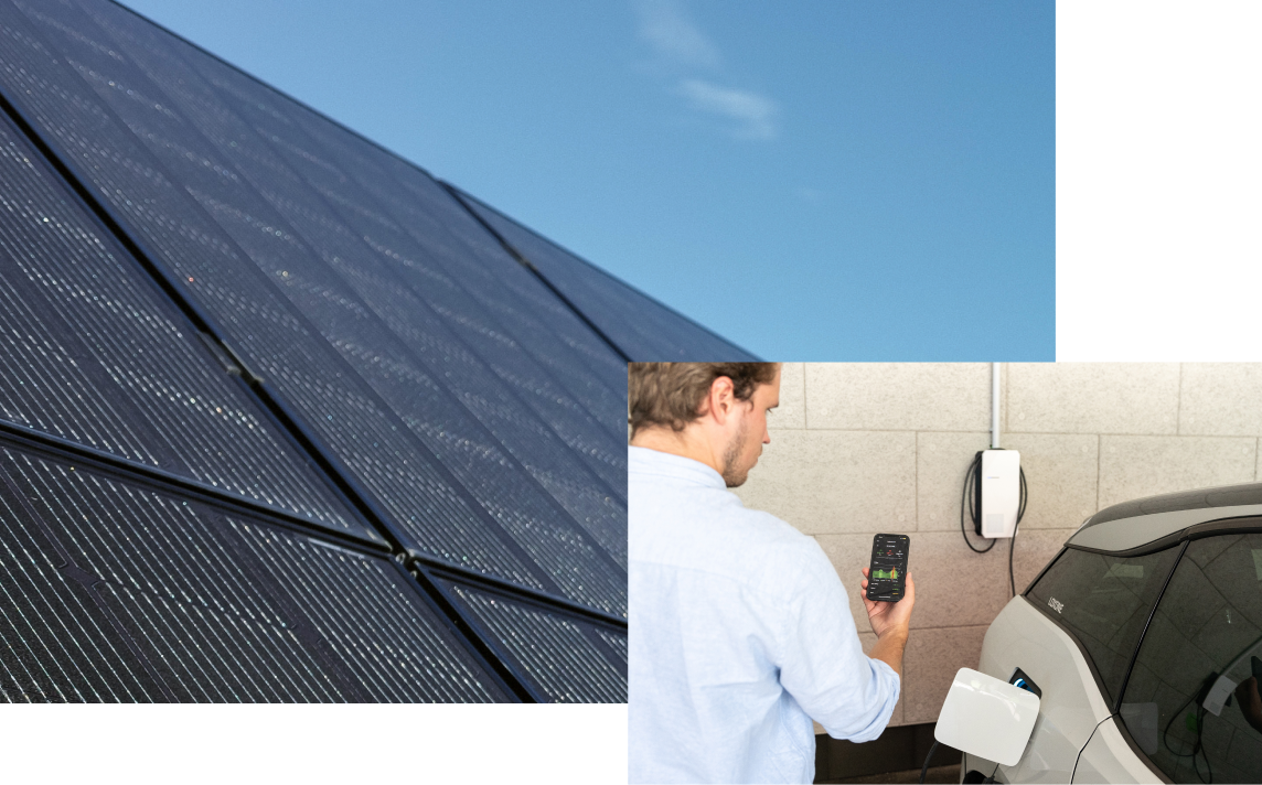 PV system in the background and man with electric car and spot price on cell phone