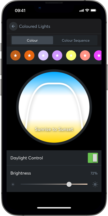 Screenshot from the Loxone app. Shows the daylight control settings in the Loxone app. Extremely simple!