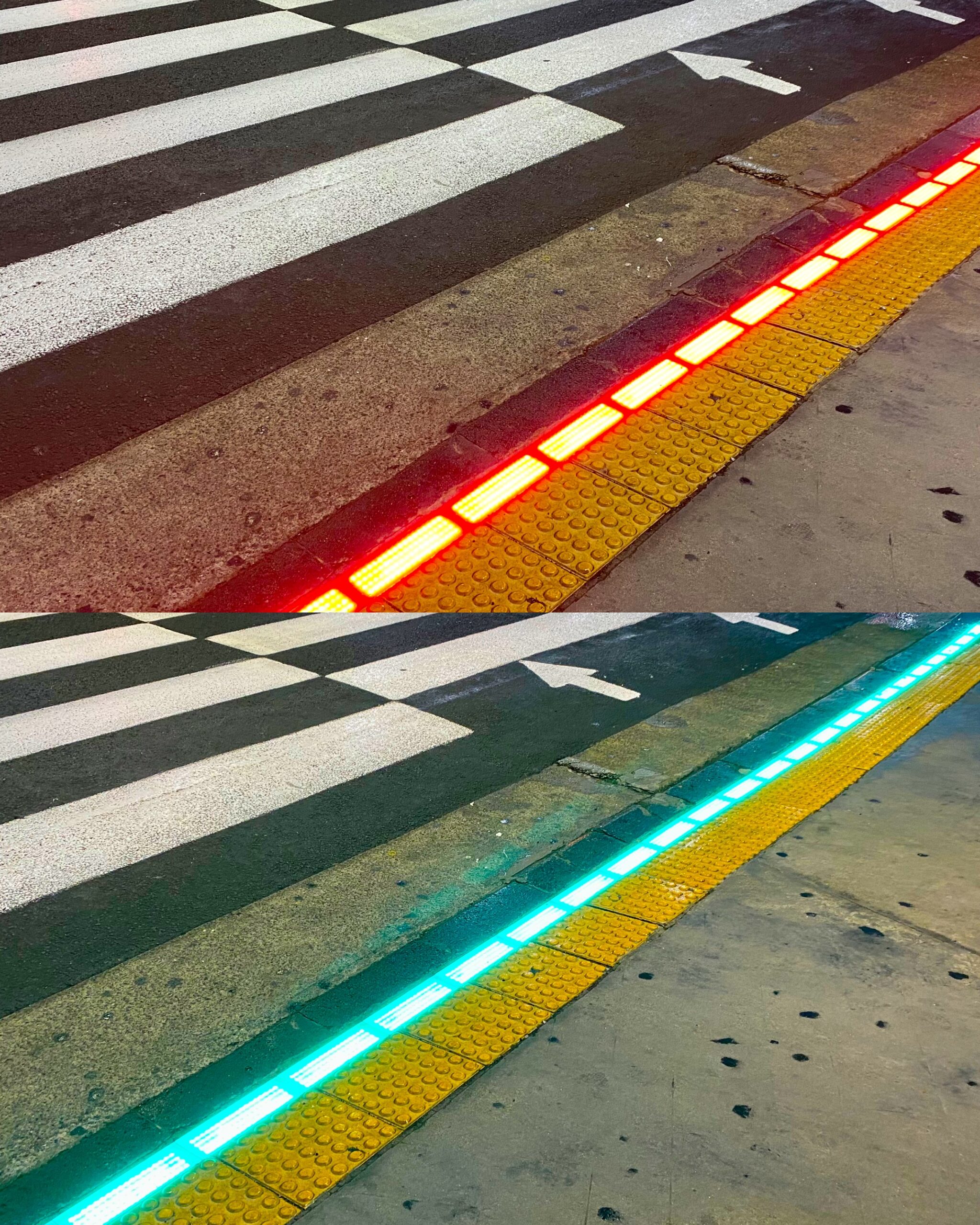 Taśmy LED zamontowane na skraju chodnika informują przechodniów zagapionych w telefon o możliwości przejścia przez ulicę.